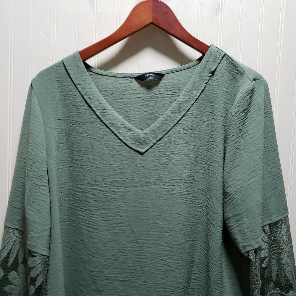 DOKOTOO Blouse Womens Large Green V Neck Long Sleeve Crochet Textured‎ Top
